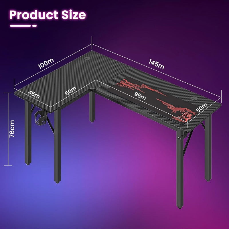 Large Carbion Fibre L Shaped Corner Gaming Desk with Cup Holder, Mouse Pad, Gamepad & Headphone Holder