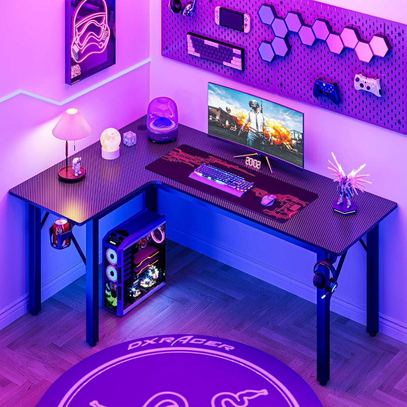 Large Carbion Fibre L Shaped Corner Gaming Desk with Cup Holder, Mouse Pad, Gamepad & Headphone Holder