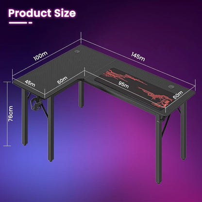Large Carbion Fibre L Shaped Corner Gaming Desk with Cup Holder, Mouse Pad, Gamepad & Headphone Holder