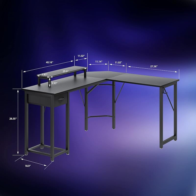 L-shaped Computer Desk with Large Monitor Stand, Switchable Monitor Corner Desk, Fabric Drawer and Metal Frame Shelf