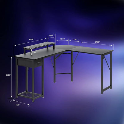 L-shaped Computer Desk with Large Monitor Stand, Switchable Monitor Corner Desk, Fabric Drawer and Metal Frame Shelf