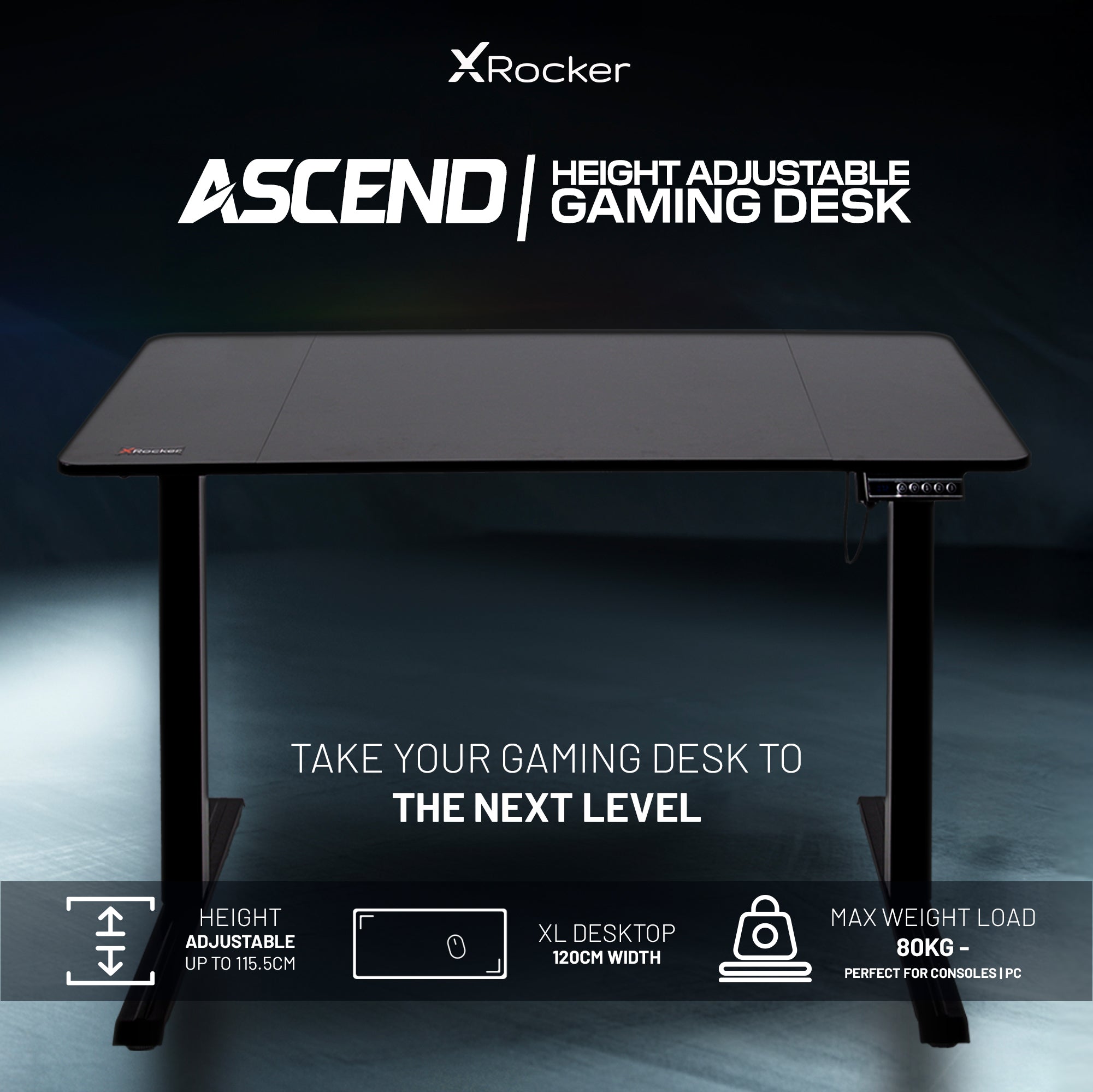 Ascend 120cm Electric Height Adjustable Gaming Desk - Black Ergonomic Sit-Stand