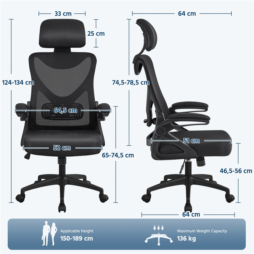 YAHEETECH High Back Mesh Office Chair with 90° Flip-up Armrests