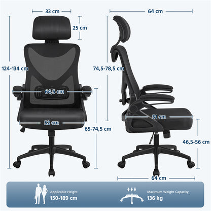 YAHEETECH High Back Mesh Office Chair with 90° Flip-up Armrests