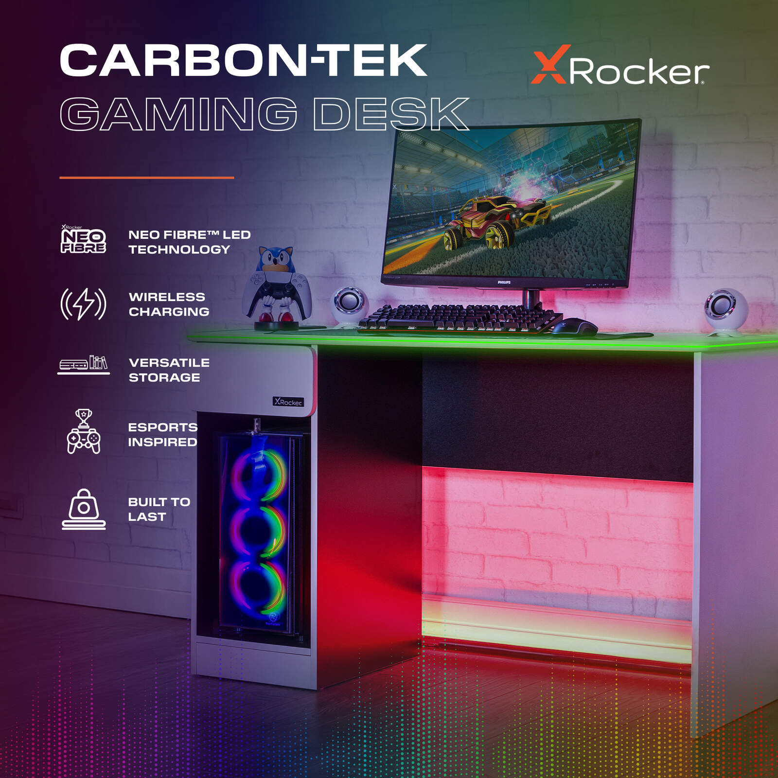 X Rocker Carbon-Tek 120cm White RGB LED Gaming Desk with Wireless Charging