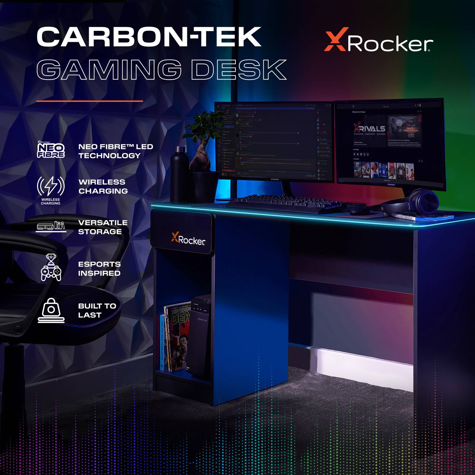 Carbon-Tek 120cm LED Gaming Desk: Wireless Charging, Ergonomic, Grey/Blue RGB