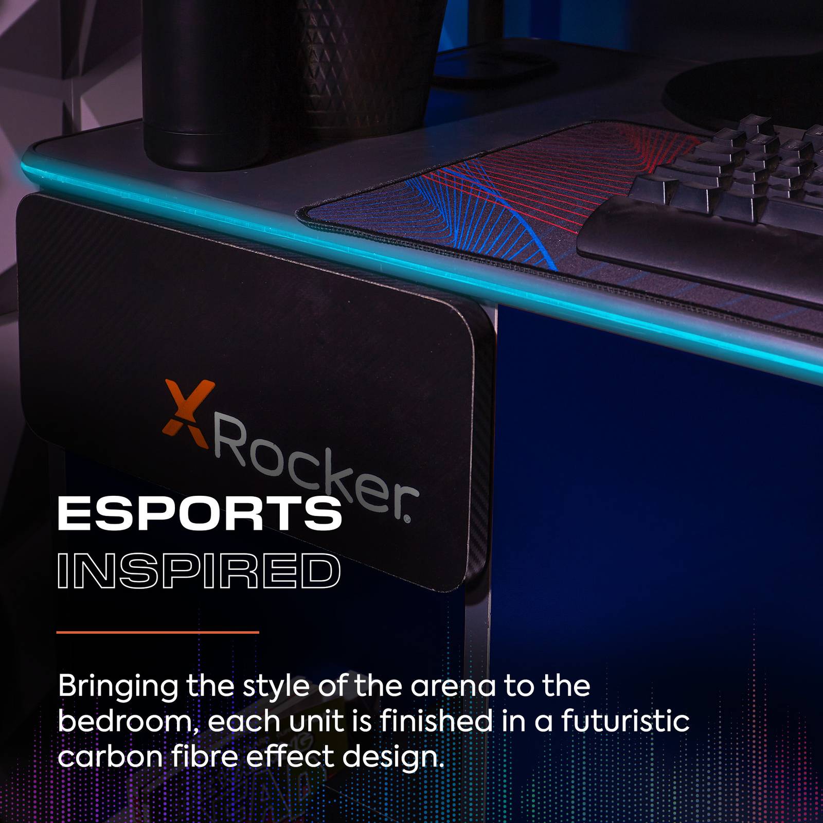 Carbon-Tek 120cm LED Gaming Desk: Wireless Charging, Ergonomic, Grey/Blue RGB