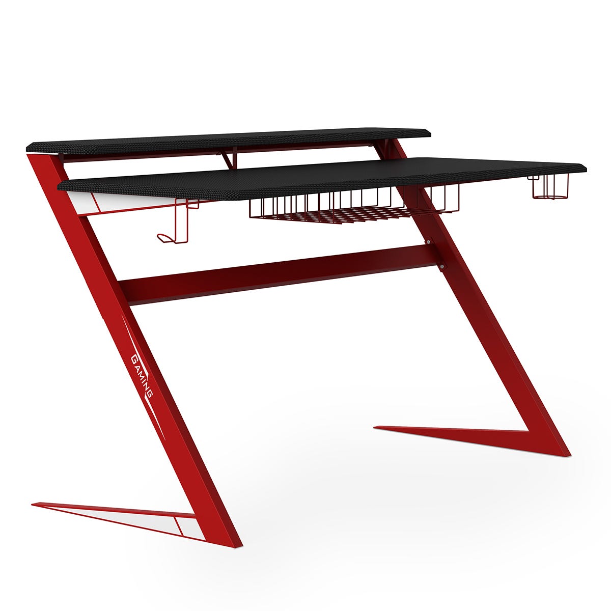 Equinox Gaia Ergonomic Gaming Desk: Carbon Fibre Effect, Integrated Storage, Cable Management, Black/Red Steel Frame