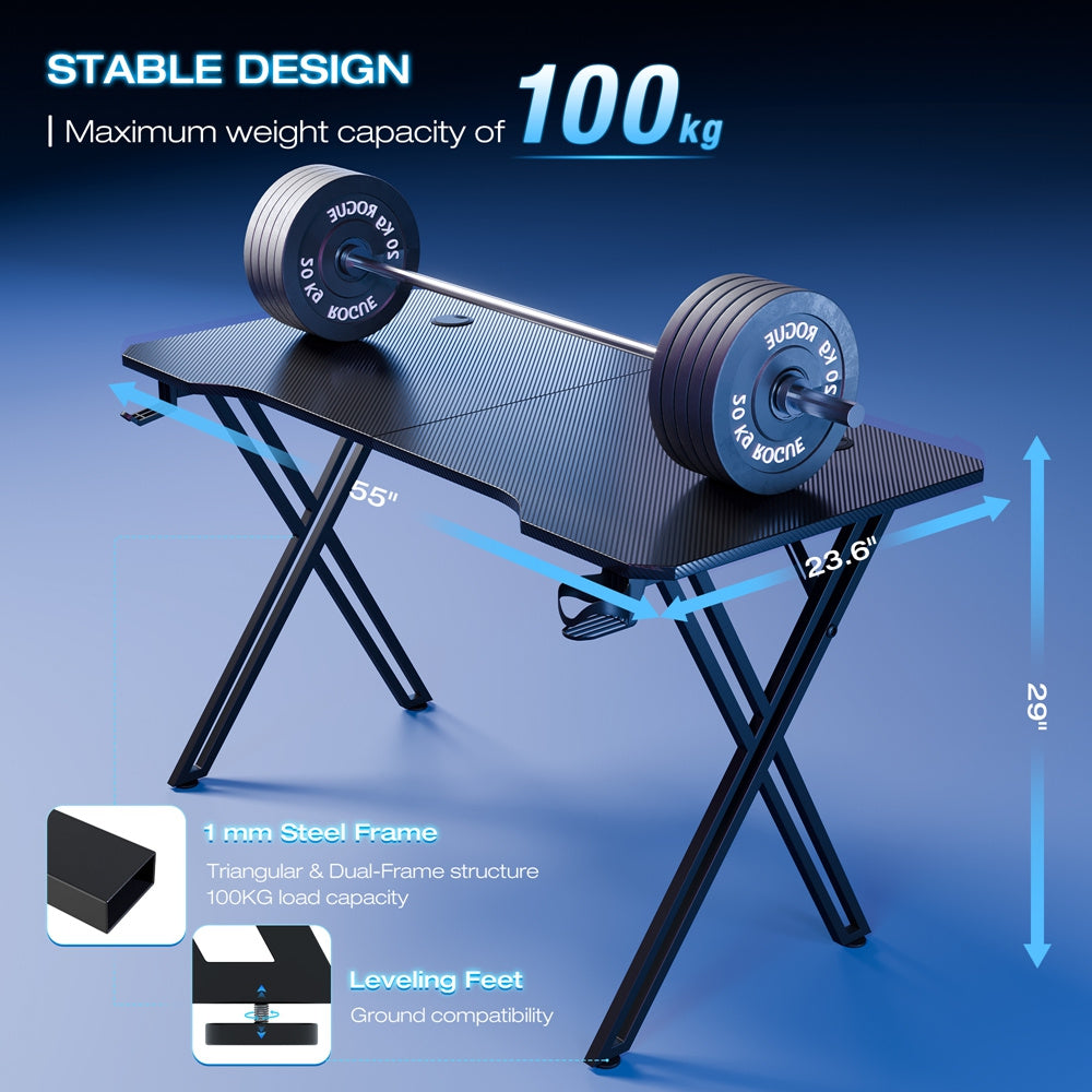 X-Frame Gaming Desk with Headphone Hook and Cup Holder