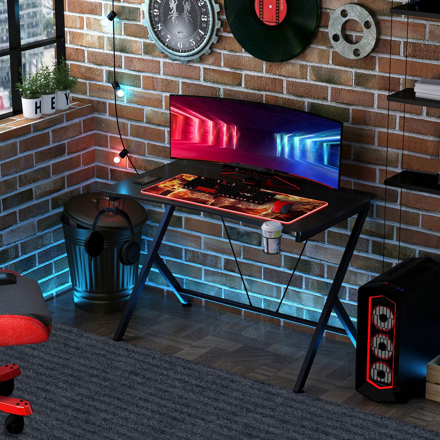 HOMCOM Gaming Desk with Cup Holder &  Headphone Hook