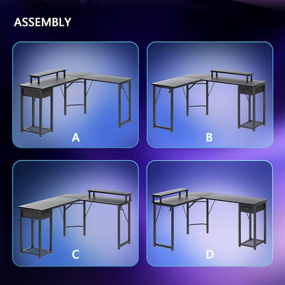 L-shaped Computer Desk with Large Monitor Stand, Switchable Monitor Corner Desk, Fabric Drawer and Metal Frame Shelf