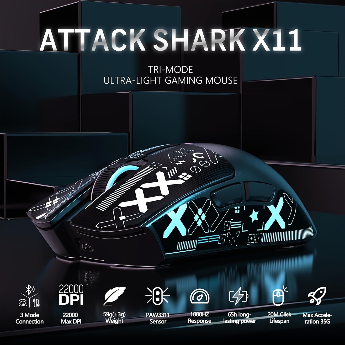 Attack Shark x11 Superlight Wireless Gaming Mouse With Grip Tape and RGB Charging Dock
