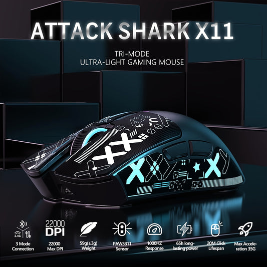 Attack Shark x11 Superlight Wireless Gaming Mouse With Grip Tape and RGB Charging Dock
