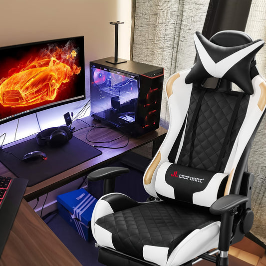 JL COMFURNI Adjustable Reclining Gaming Chair With Footrest