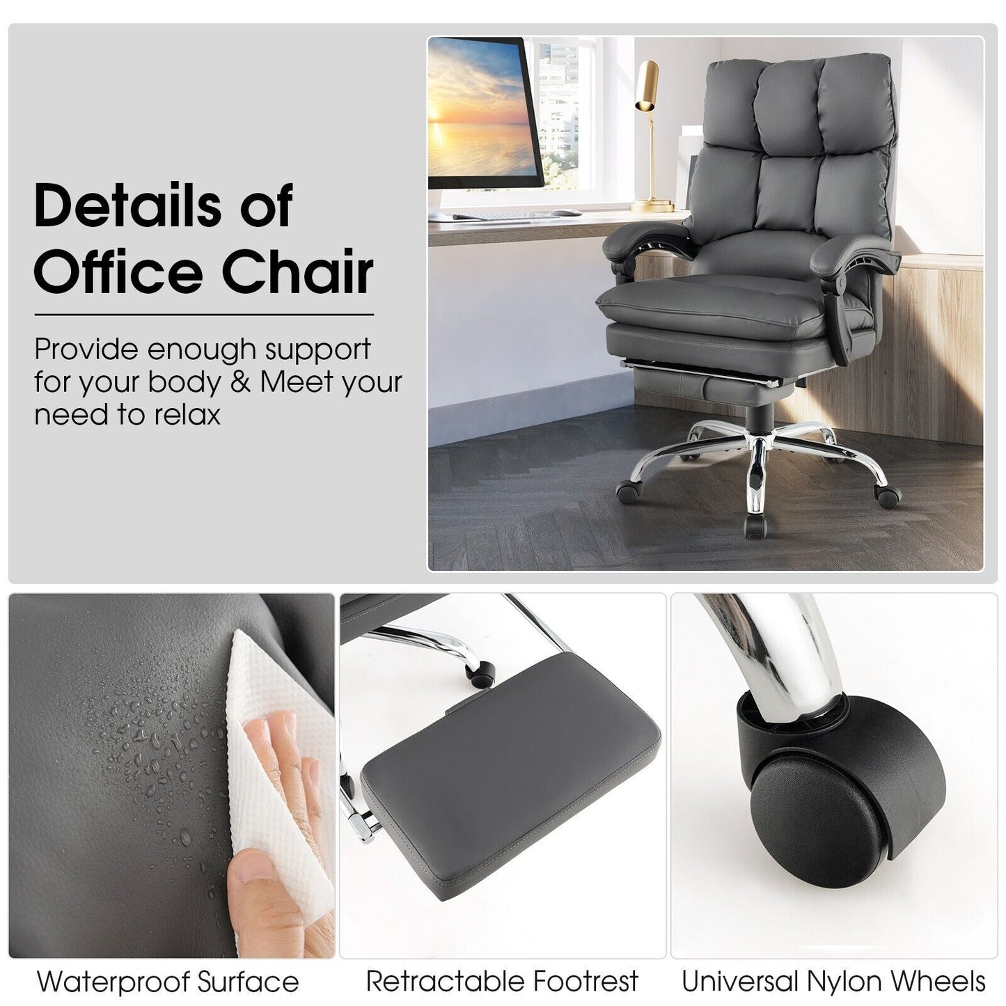 GOFLAME Padded Office Chair with Armrests & Retractable Footrest