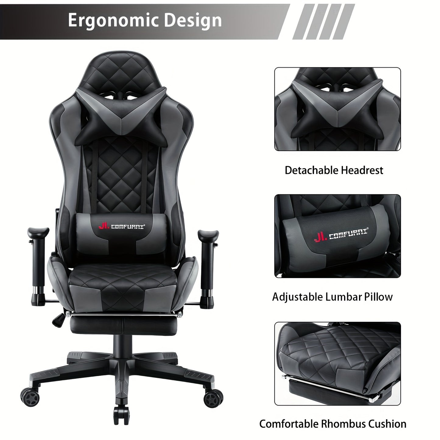 JL COMFURNI Racing Computer Desk Chair with Adjustable Recliner, Footrest, and Lumbar Support