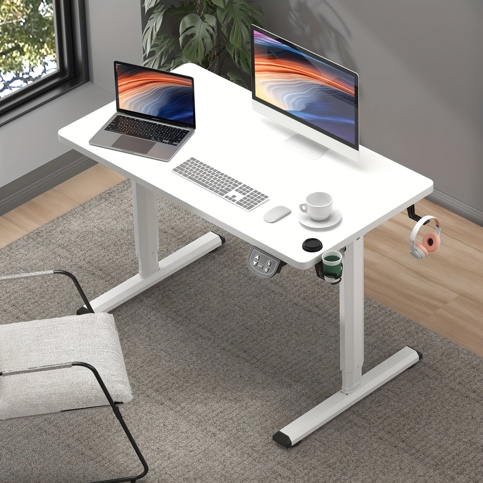 adjustable-height-electric-standing-desk-for-home-office-white-ergonomic-design-with-cup-holder-headphone-hook-stainless-steel-frame-modern-minimalist-style-adjustable-workstation-modern-minimalist-desk-engineered-wood-top