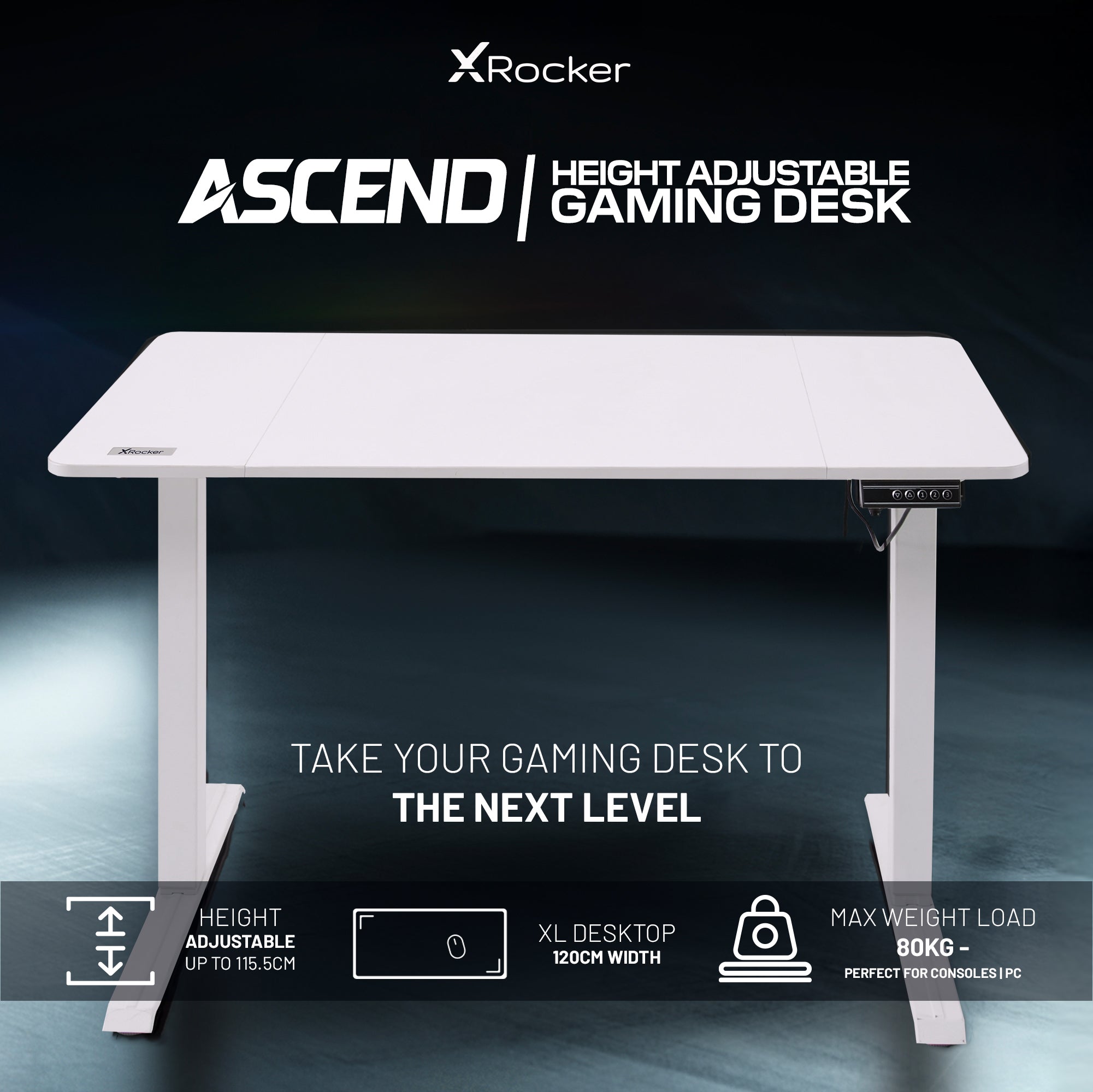 Ascend 47-inch Electric Sit-Stand Gaming Desk - White Ergonomic Height Adjustable