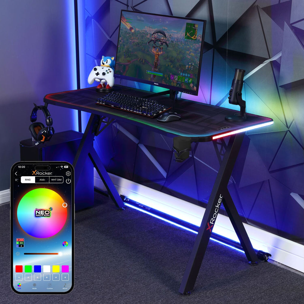 Lumio Compact RGB 110cm Gaming Desk: App-Controlled LED, Full Mousepad, Black Carbon