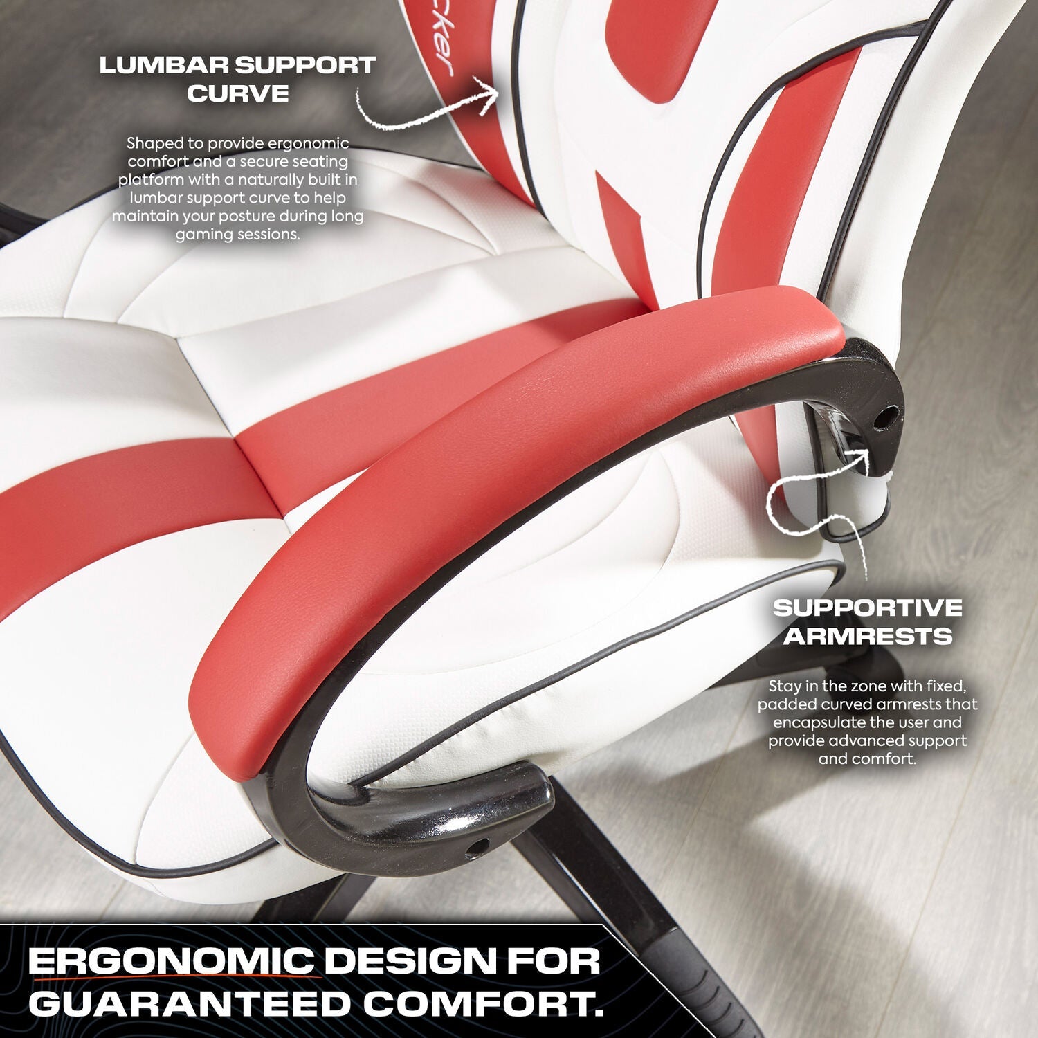 Maverick Ergonomic PC Office Gaming Chair: Adjustable, White & Red Faux Leather