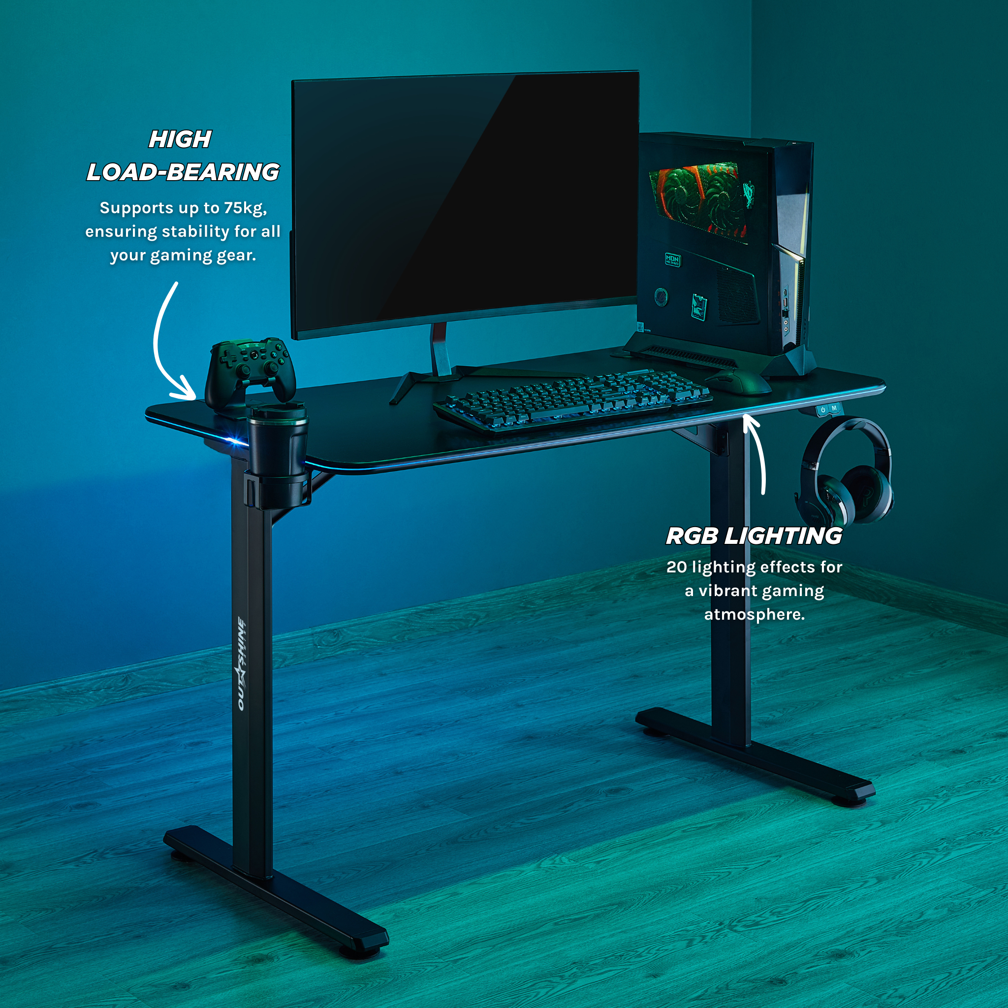 Outshine Rift RGB LED Gaming Desk: 113/136cm Wide, Cable Management, Holders