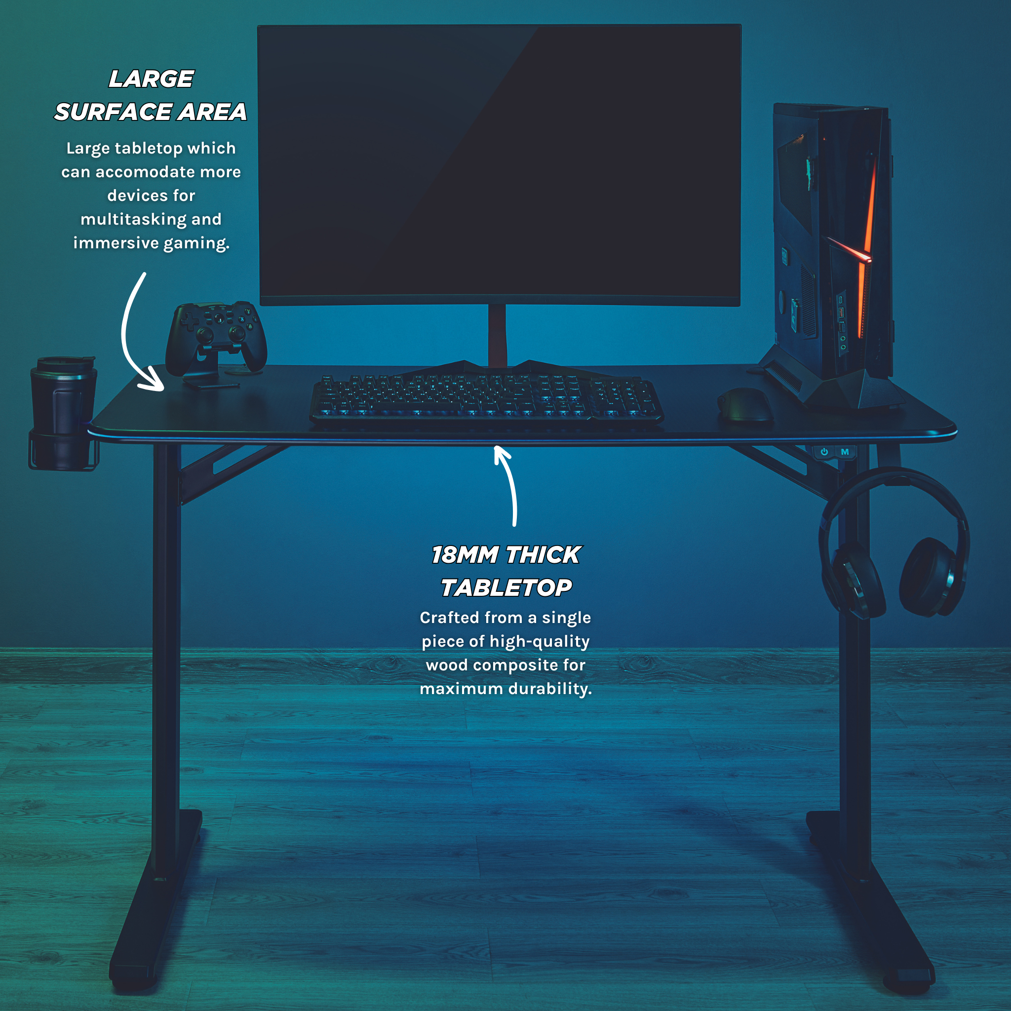 Outshine Rift RGB LED Gaming Desk: 113/136cm Wide, Cable Management, Holders