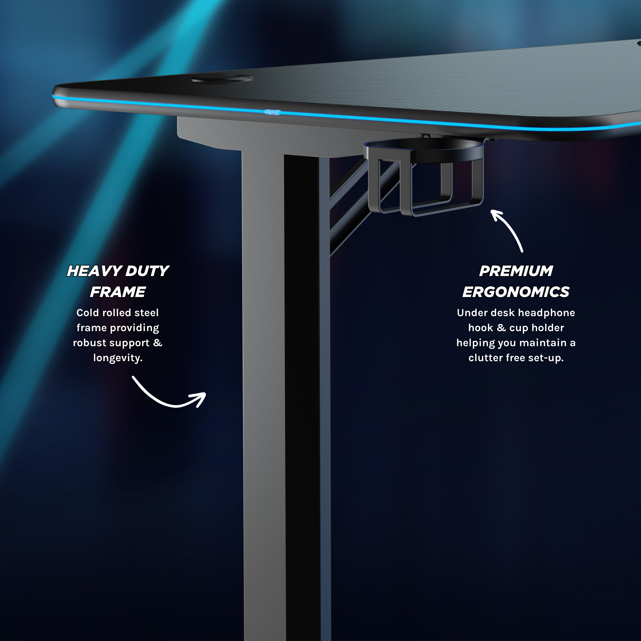 Outshine Rift RGB LED Gaming Desk: 113/136cm Wide, Cable Management, Holders