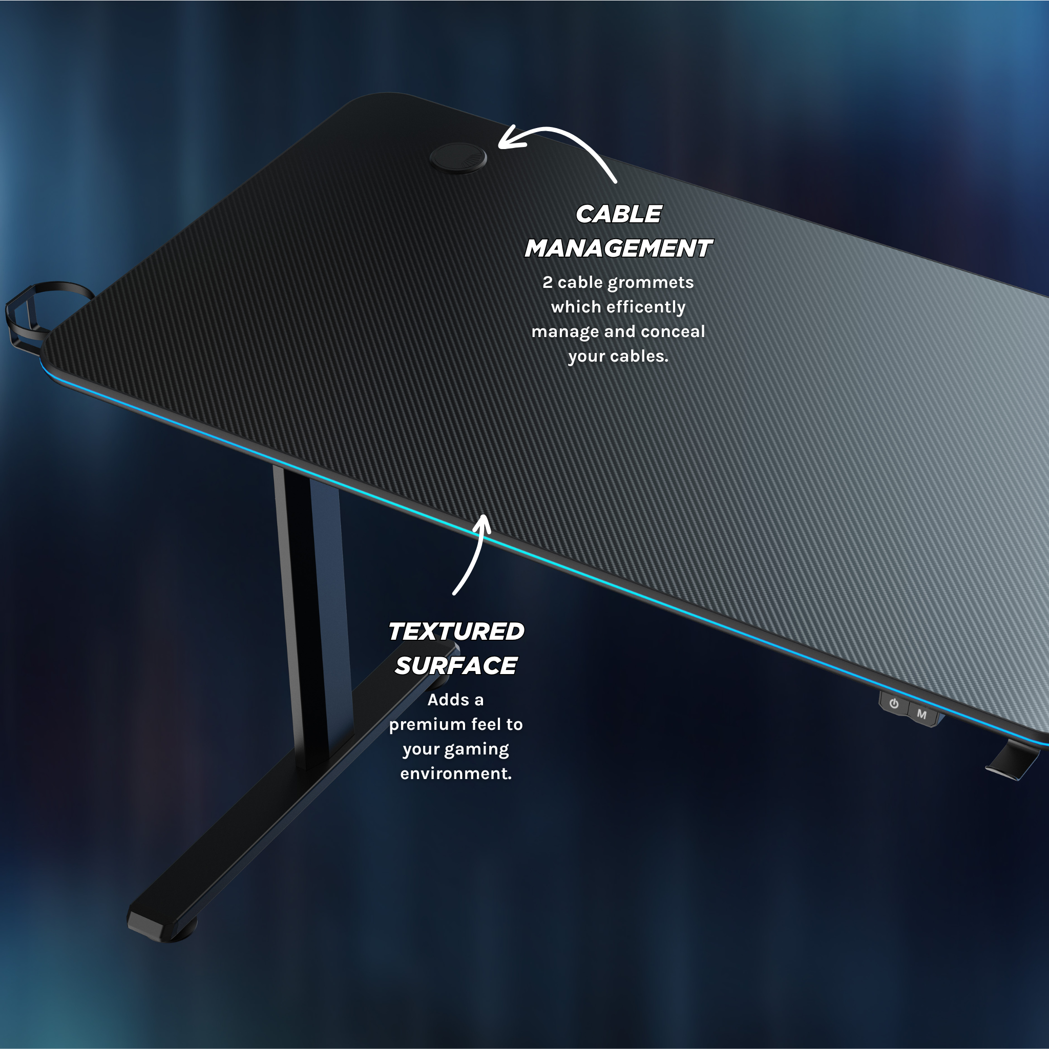 Outshine Rift RGB LED Gaming Desk: 113/136cm Wide, Cable Management, Holders