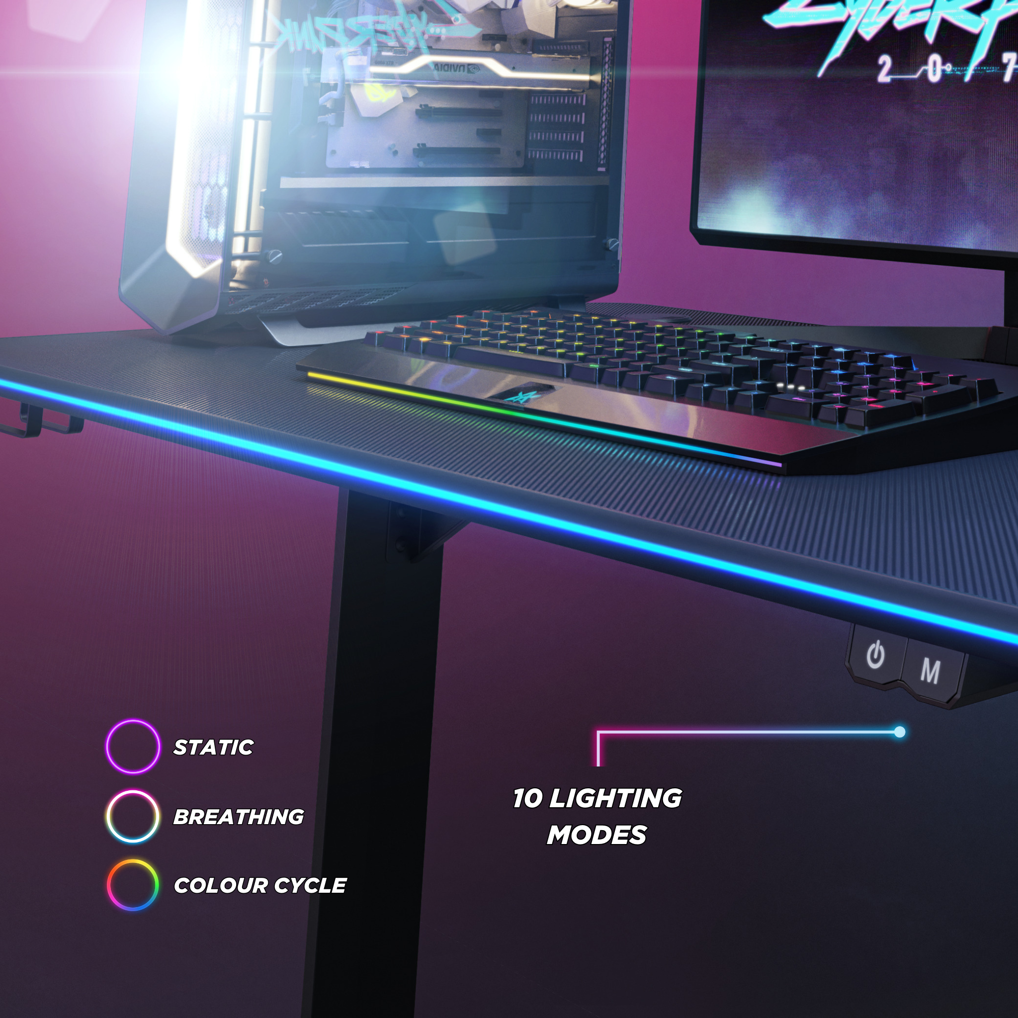 Outshine Rift RGB LED Gaming Desk: 113/136cm Wide, Cable Management, Holders