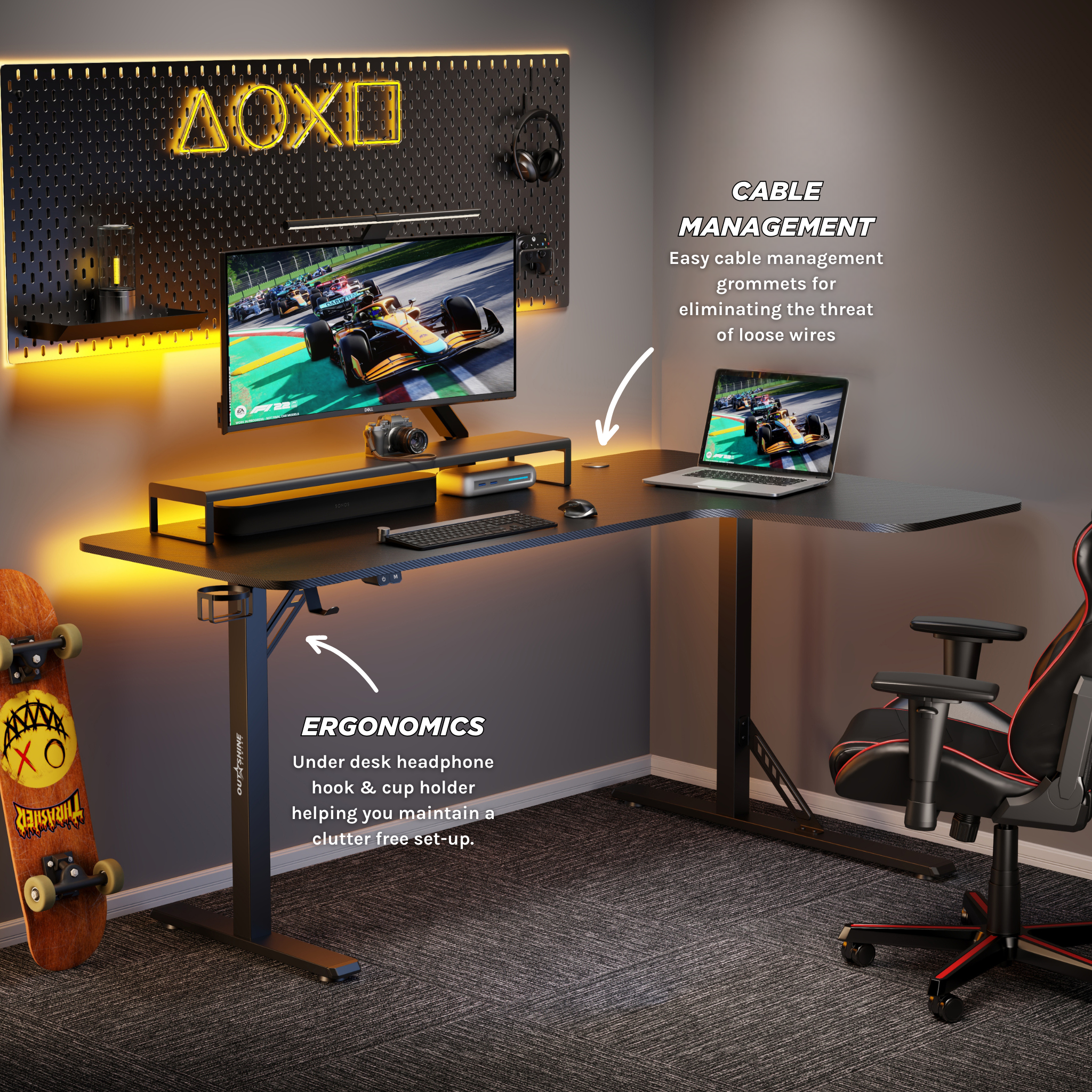 Outshine Gaming Citadel V2 L-Shaped Corner Gaming Desk 160cm Wide RGB