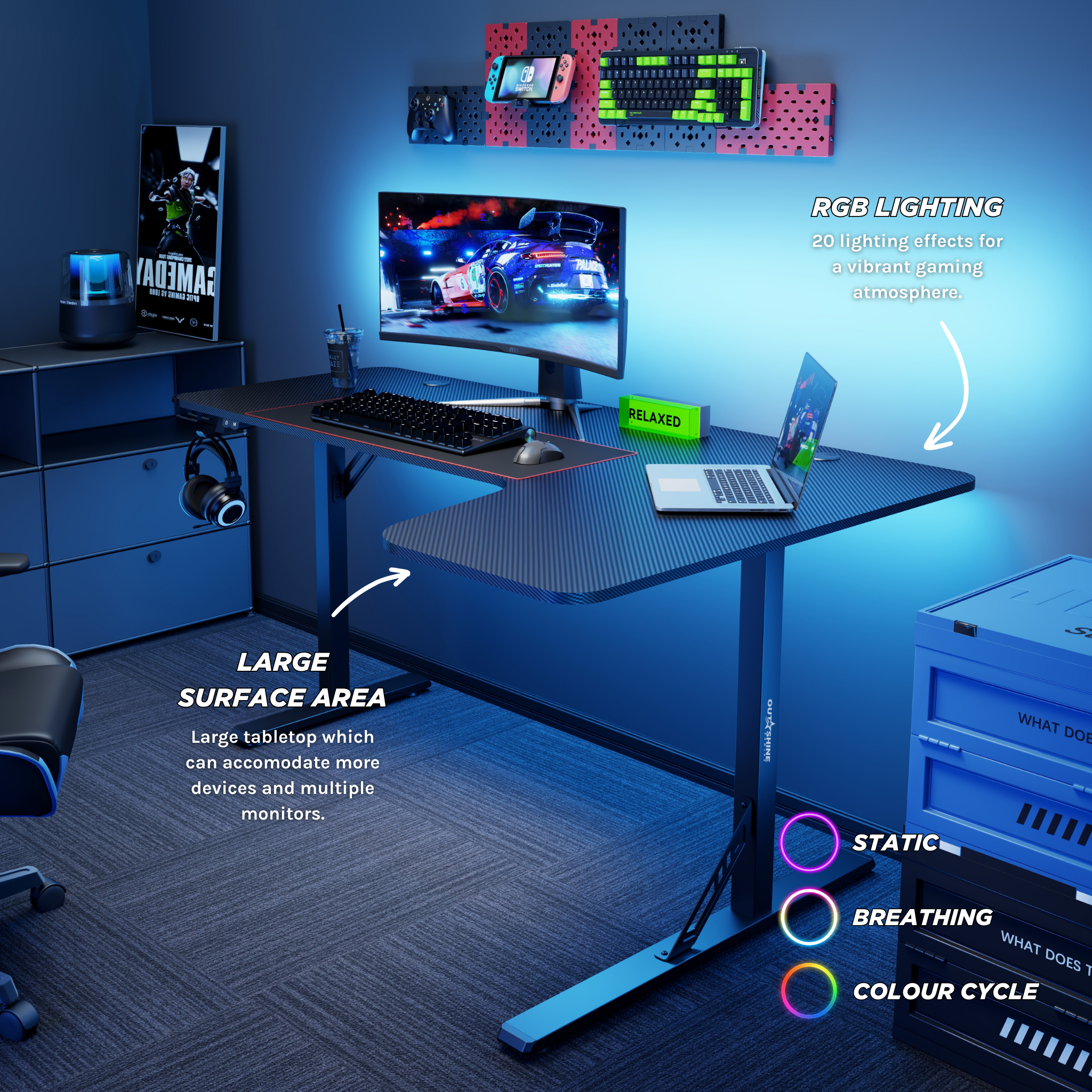 Outshine Gaming Citadel V2 L-Shaped Corner Gaming Desk 160cm Wide RGB