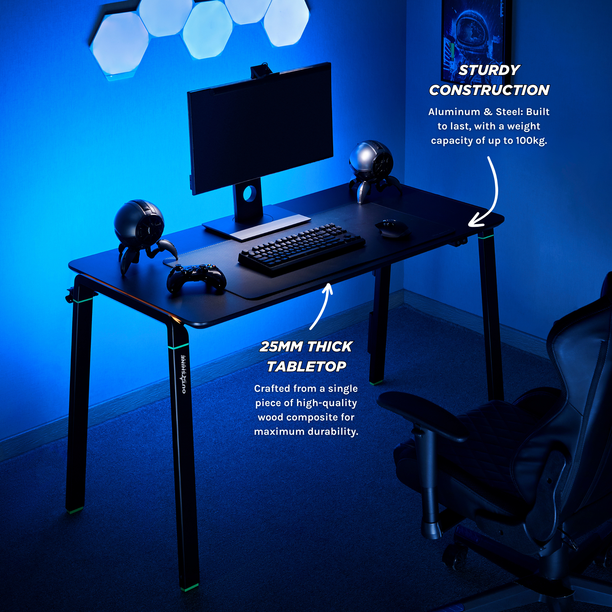 Outshine Gaming Lux 120cm Wide RGB LED Gaming Desk with Cable Management