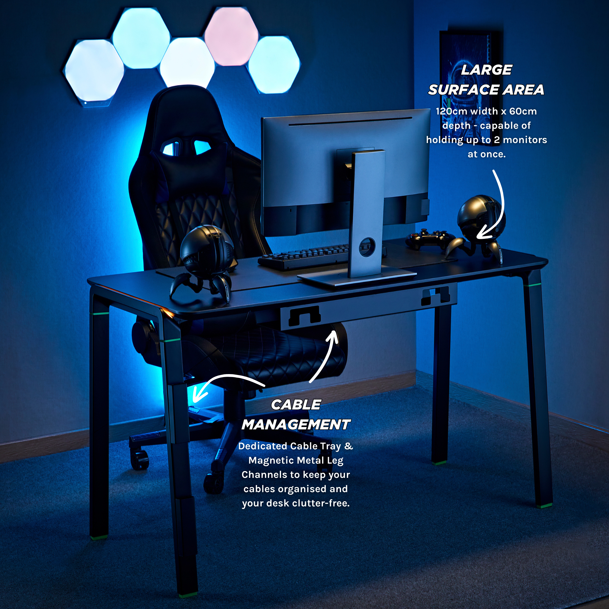 Outshine Gaming Lux 120cm Wide RGB LED Gaming Desk with Cable Management