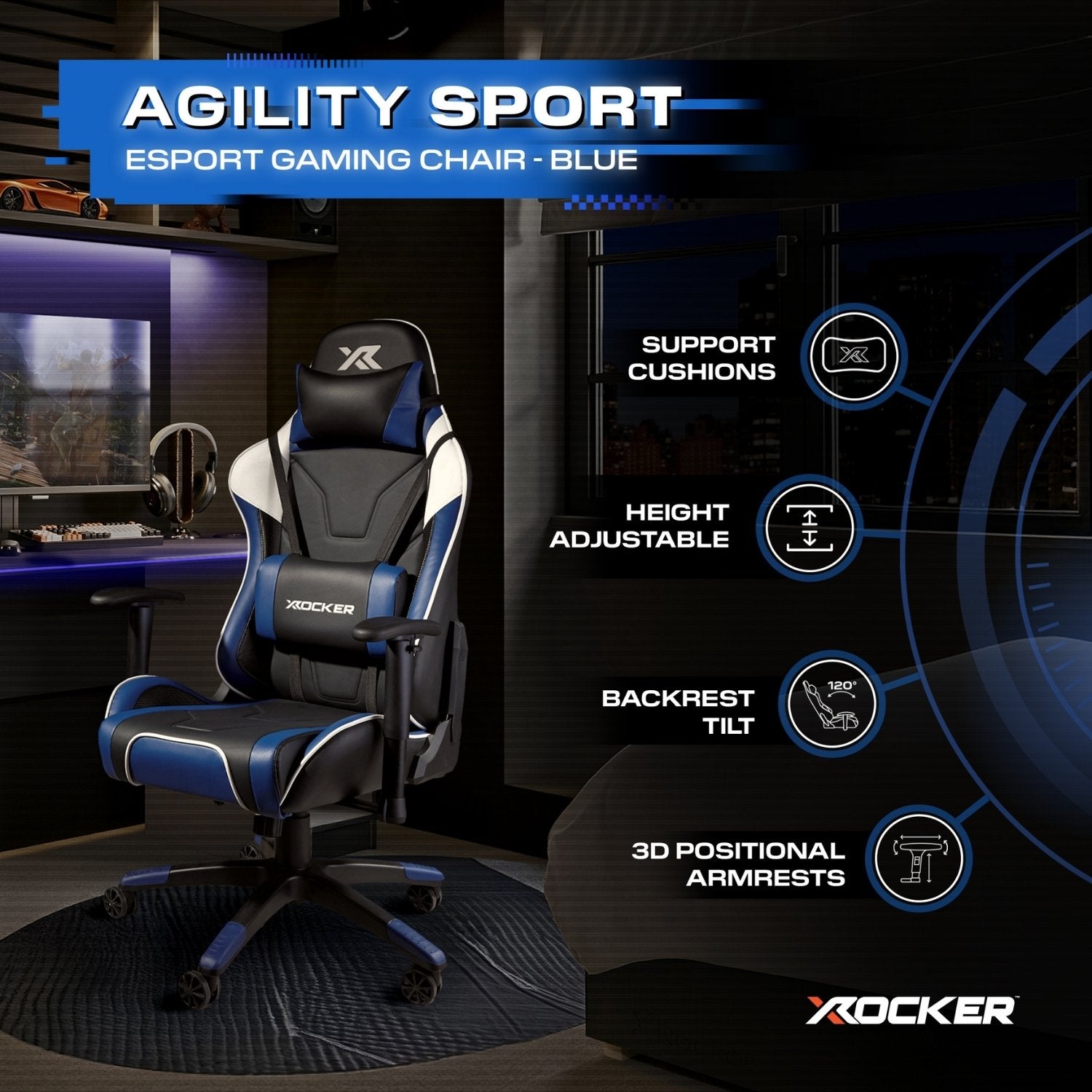 X Rocker Agility eSport Ergonomic Gaming Chair - 3D Armrests, Reclining, Lumbar Support
