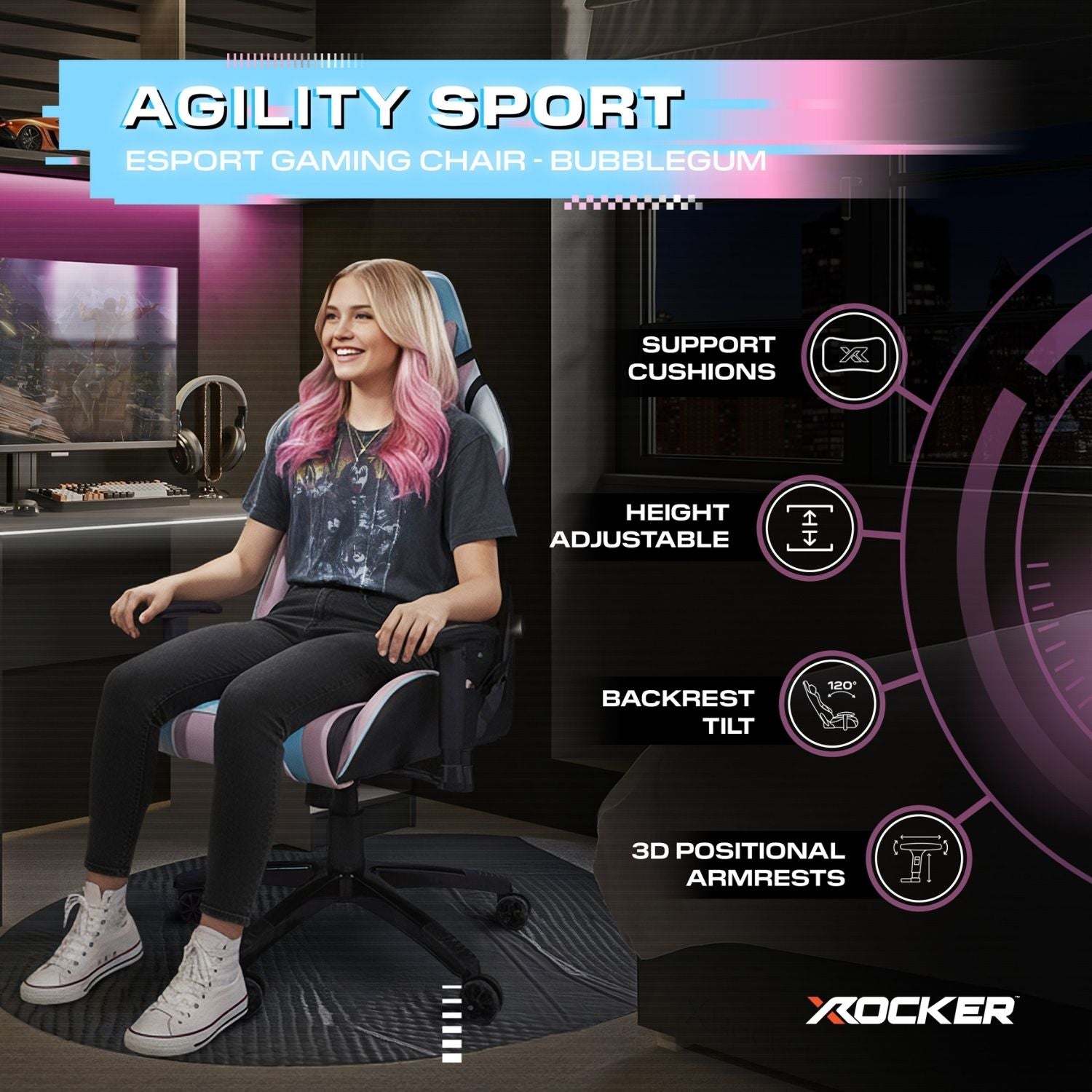 X Rocker Agility Bubblegum Ergonomic PC Gaming Chair - 3D Armrests, Lumbar Support