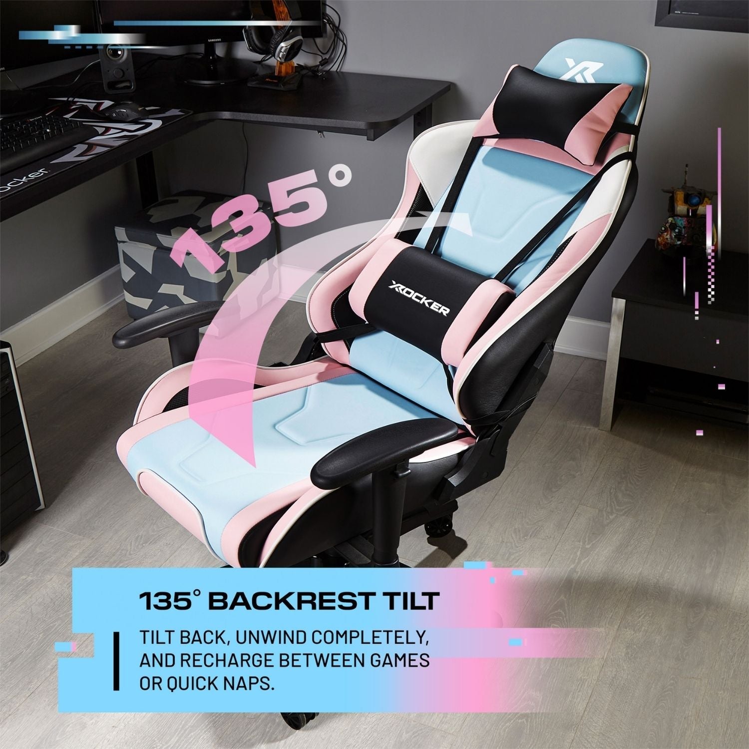 X Rocker Agility Bubblegum Ergonomic PC Gaming Chair - 3D Armrests, Lumbar Support