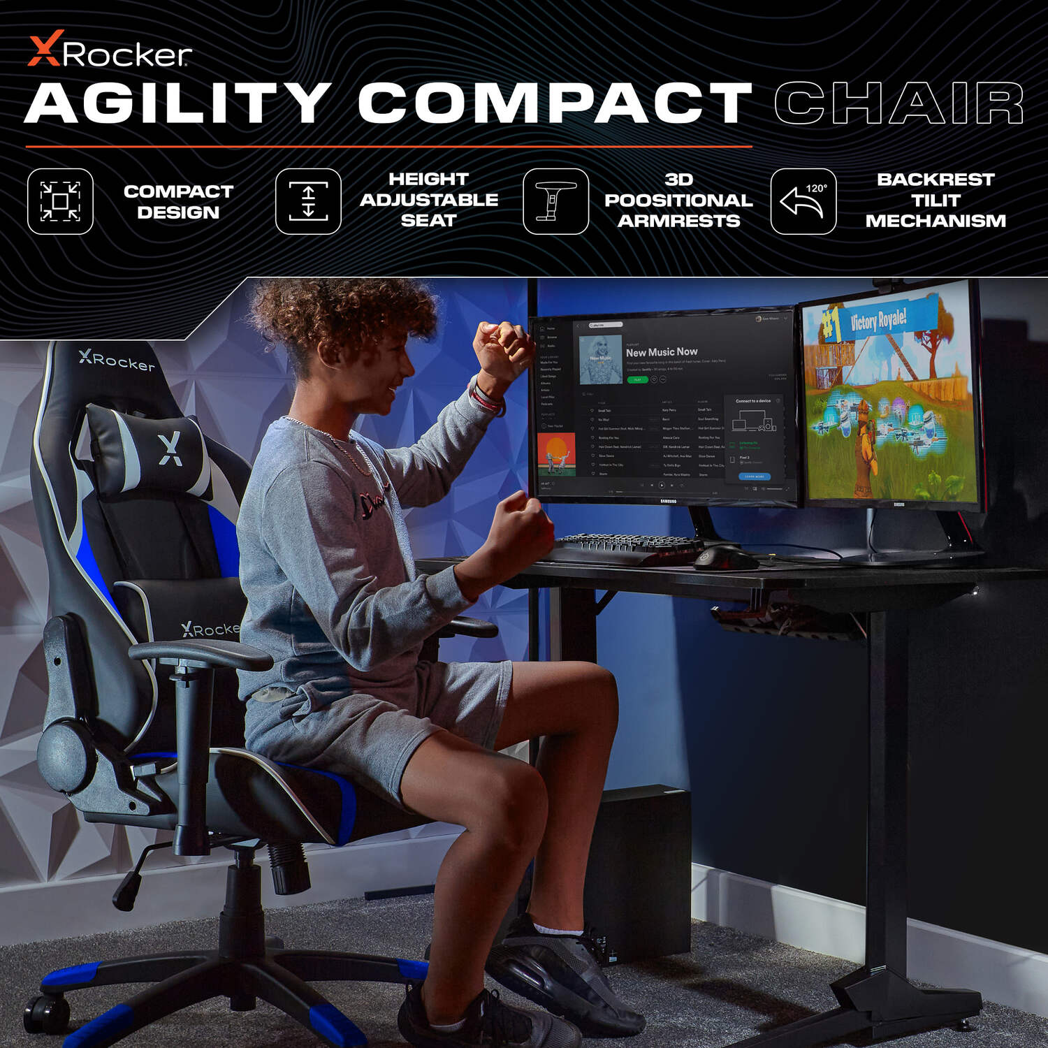 X Rocker Agility Compact Ergonomic eSports Gaming Chair for Juniors - Blue