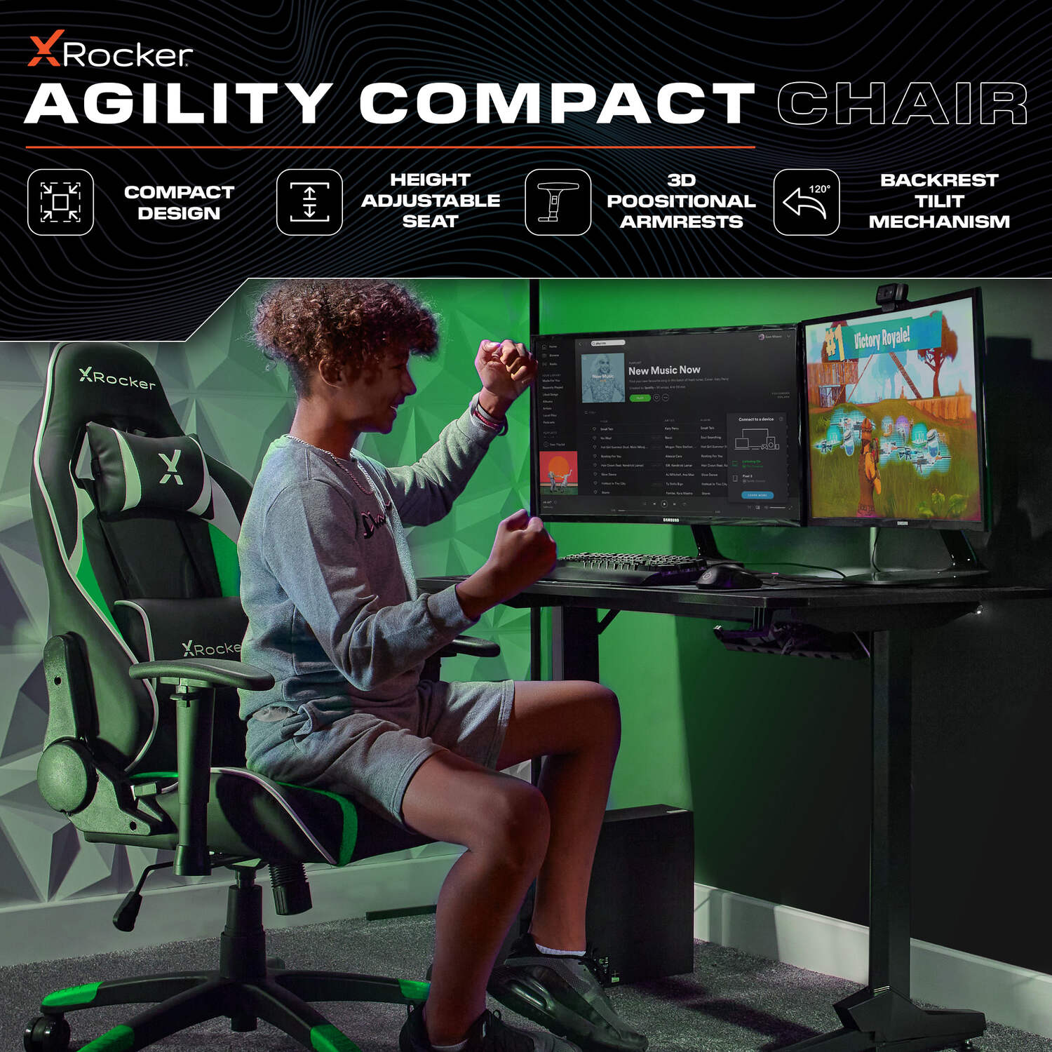 X Rocker Agility Compact Junior Gaming Chair Ergonomic eSports Design Green