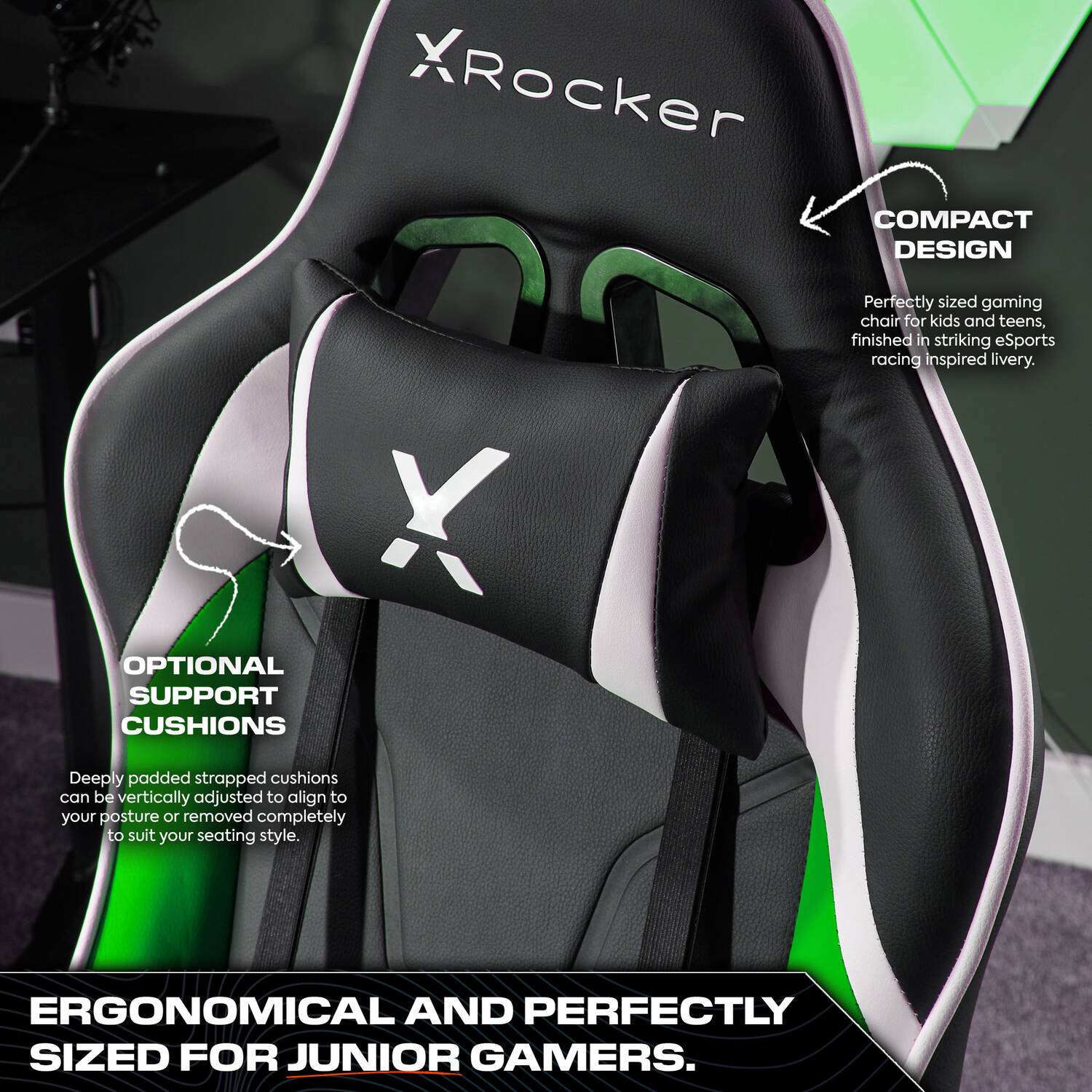 X Rocker Agility Compact Junior Gaming Chair Ergonomic eSports Design Green