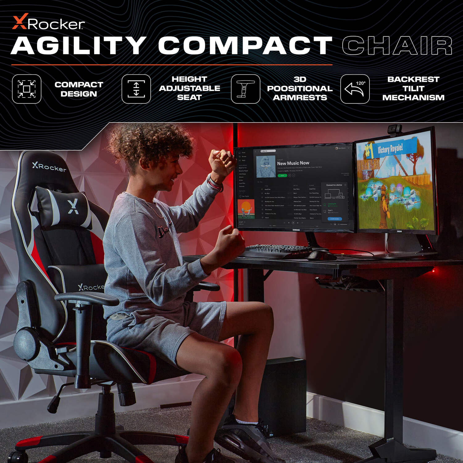 X Rocker Agility Compact Ergonomic Junior Gaming Chair with 3D Armrests