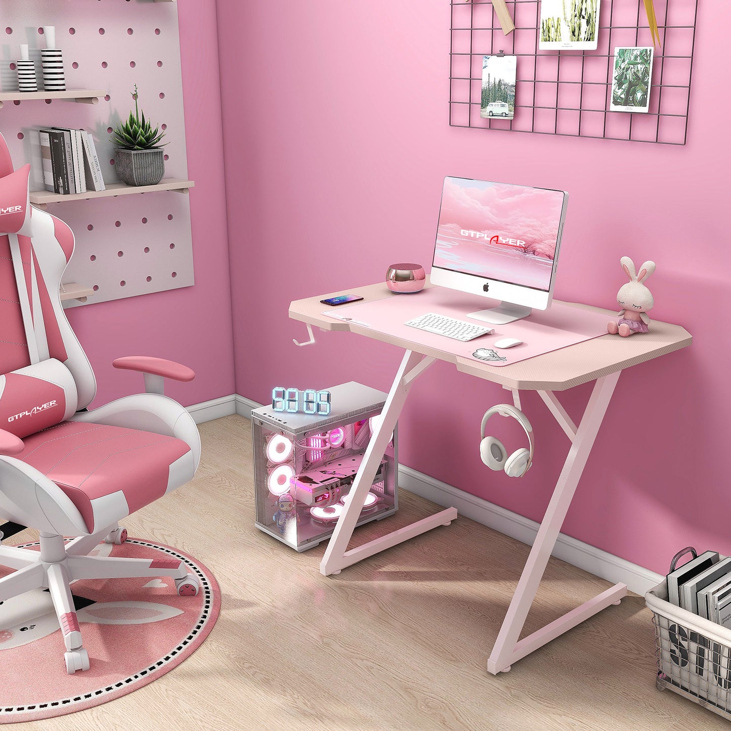 GTPLAYER Pink Z Frame Gaming Desk with Headphone Hooks