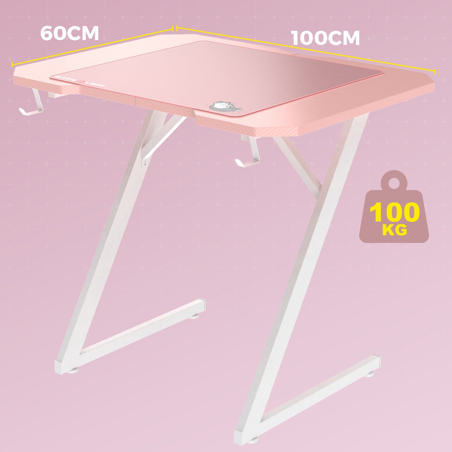 GTPLAYER Pink Z Frame Gaming Desk with Headphone Hooks