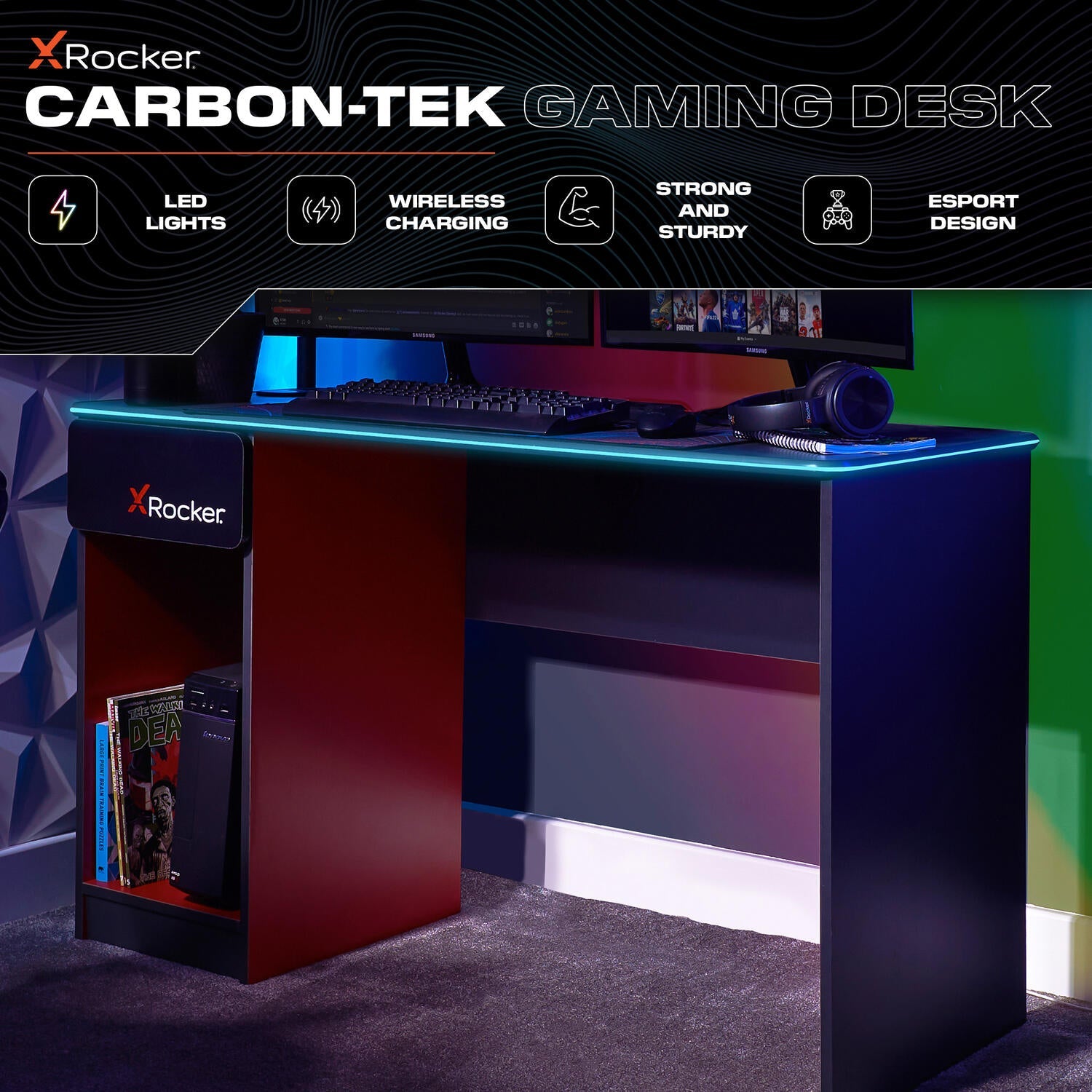 Carbon-Tek 120cm RGB LED Gaming Desk with Wireless Charging & Storage