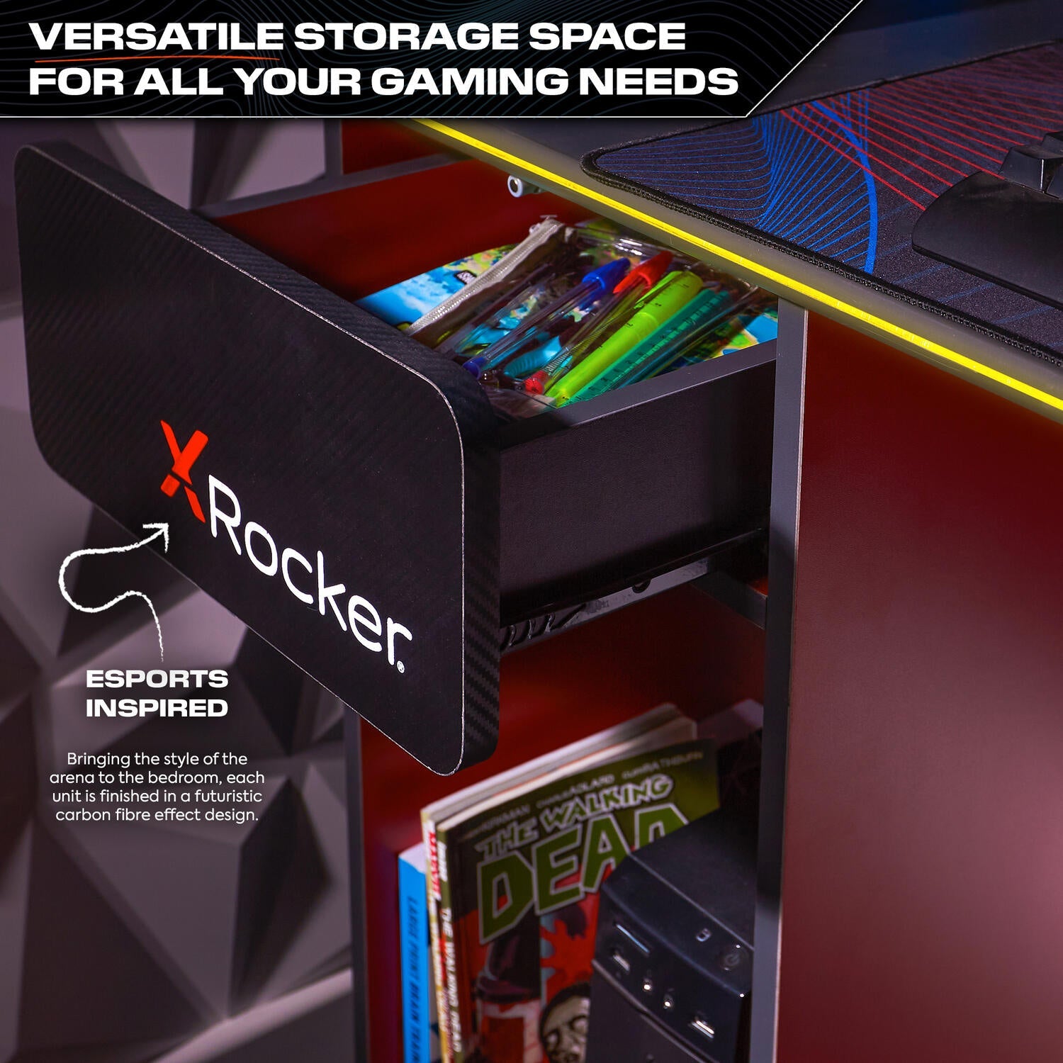 Carbon-Tek 120cm RGB LED Gaming Desk with Wireless Charging & Storage