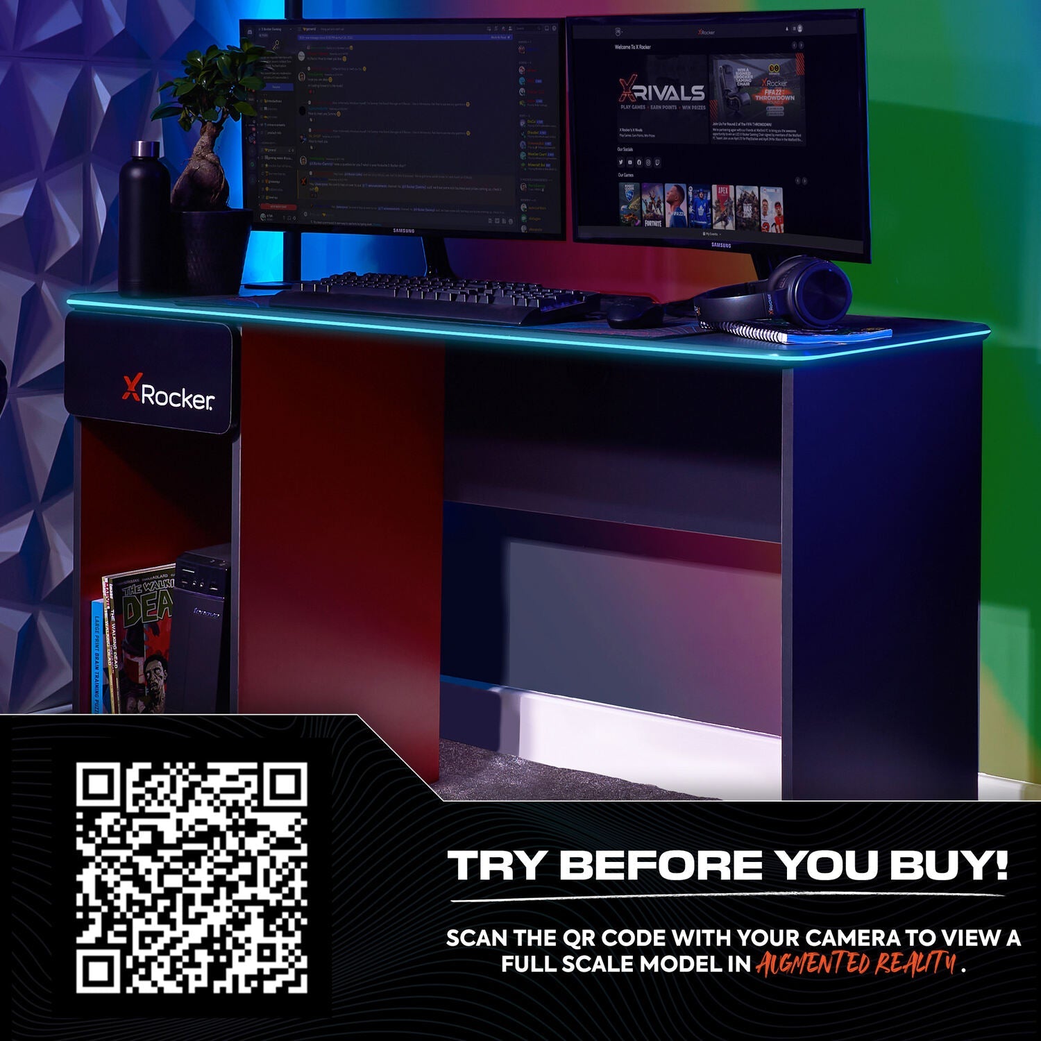 Carbon-Tek 120cm RGB LED Gaming Desk with Wireless Charging & Storage