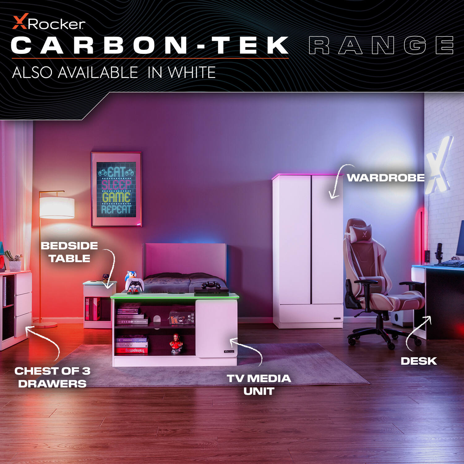 Carbon-Tek 120cm RGB LED Gaming Desk with Wireless Charging & Storage