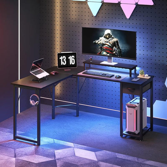 L-shaped Computer Desk with Large Monitor Stand, Switchable Monitor Corner Desk, Fabric Drawer and Metal Frame Shelf