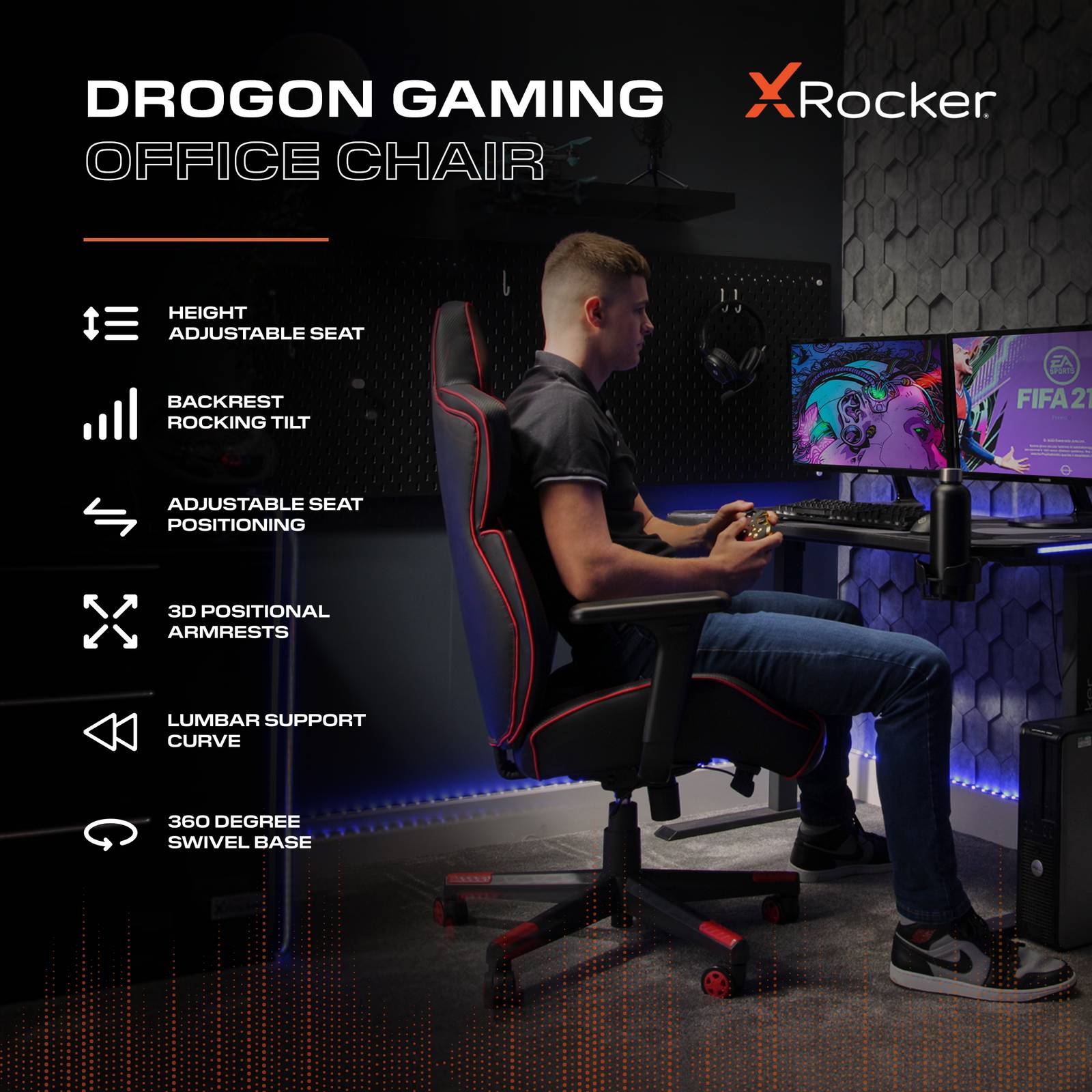 X Rocker Drogon Ergonomic PC Gaming Chair with 3D Adjustable Armrests Red