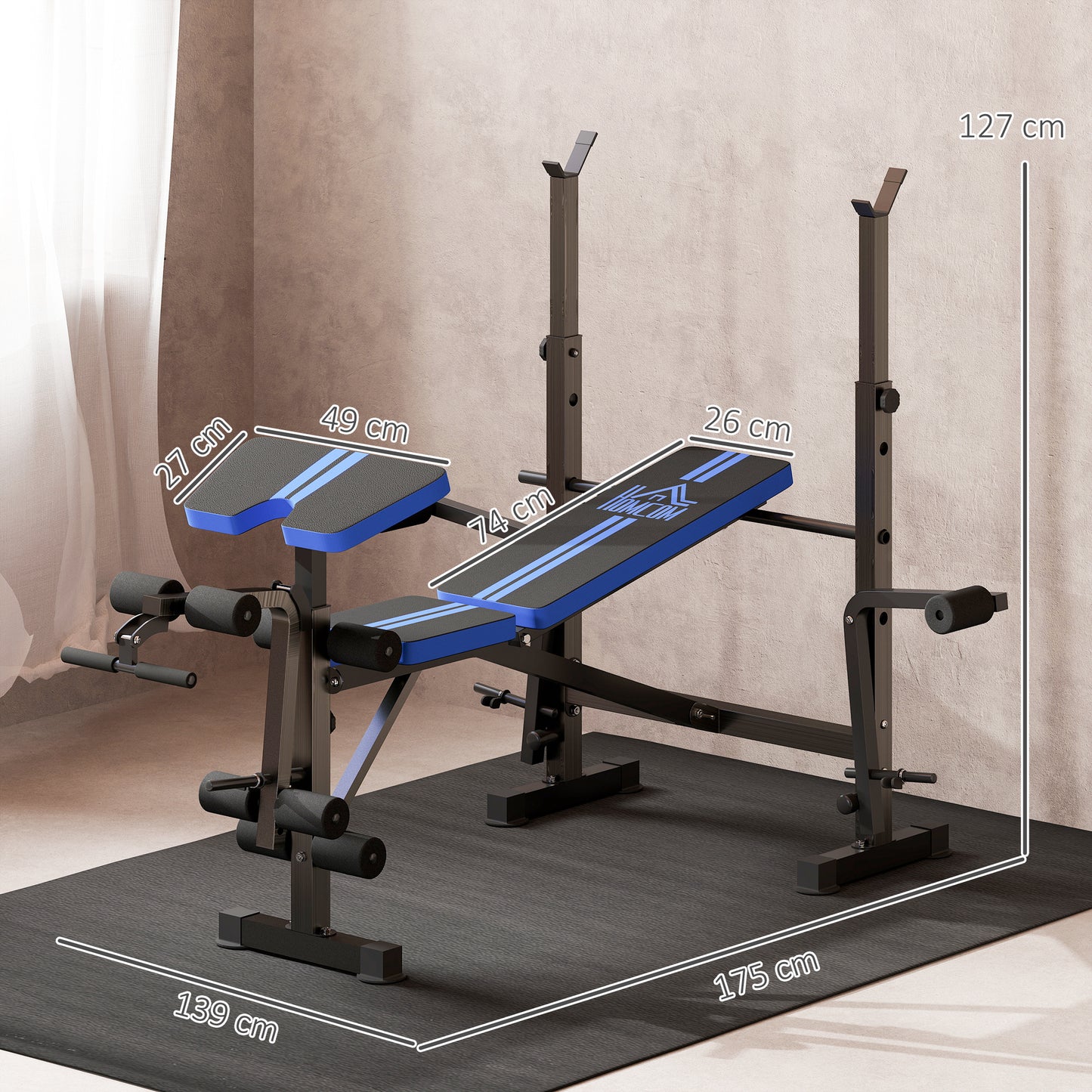 IronPeak Adjustable Weight Bench With Leg Developer Barbell Rack Blue