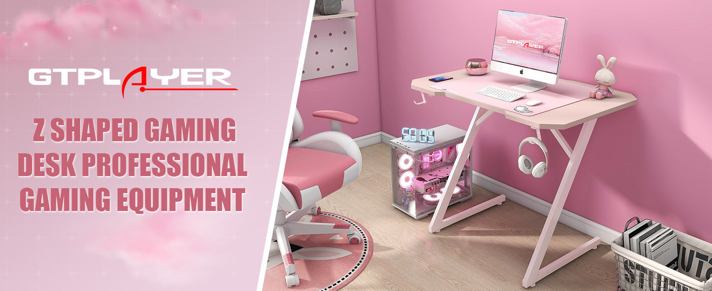 GTPLAYER Pink Z Frame Gaming Desk with Headphone Hooks